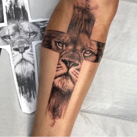 30+ Lion Tattoo Design Ideas - The XO Factor Lion And Cross Tattoo, Lion Cross Tattoo, Cross Tattoo Ideas, Cruces Tattoo, Lion Hand Tattoo, Lion Forearm Tattoos, Band Tattoos For Men, Catrina Tattoo, Christian Sleeve Tattoo