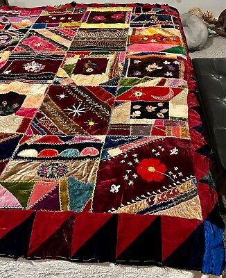 ANTIQ VELVET APPLIQUÉD EMBROIDERED PRETTIEST CRAZY QUILT TOP EVER SEEN! 76”X 80” | eBay Velvet Quilts, Fun Quilts, King Sized Bed, Velvet Patchwork, Crazy Quilts Patterns, Quilts Patterns, Textile Art Embroidery, Crazy Patchwork, Crazy Quilting