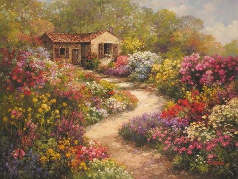 spring painting flower garden art Drawing For Canvas, Lovely Paintings, Spring House, Landscape Art Quilts, Oil Painting Inspiration, Art Pics, Garden Drawing, Summer Painting, Cottage Art