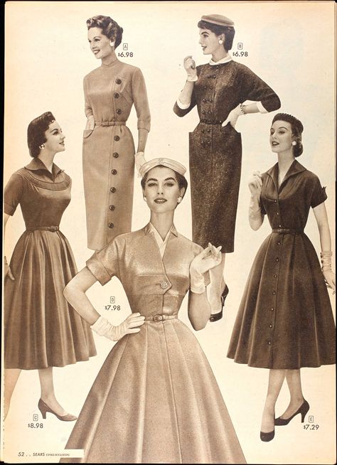 Sears & Roebuck Fall 1955 (must have hat and gloves when dressing up) Nancy Berg front and center 1940s Winter Dress, 1964 Dress, 70s Fits, Clybourne Park, Vintage Outfits Pants, Feminine Winter, Outfits Faldas, Decades Fashion, 1950s Fashion Women