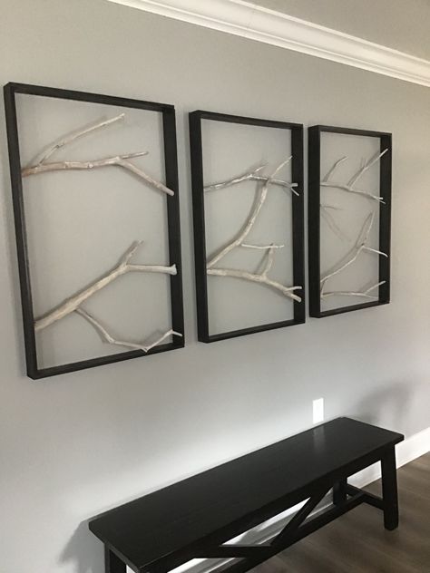 Tryptich Wall Art, Hanging Tree Branch Decor, Tryptich Art Ideas, Stairway Picture Wall, Stairway Pictures, Tree Branch Wall Art, Branch Wall Art, Crafts 2024, Tree Branch Wall