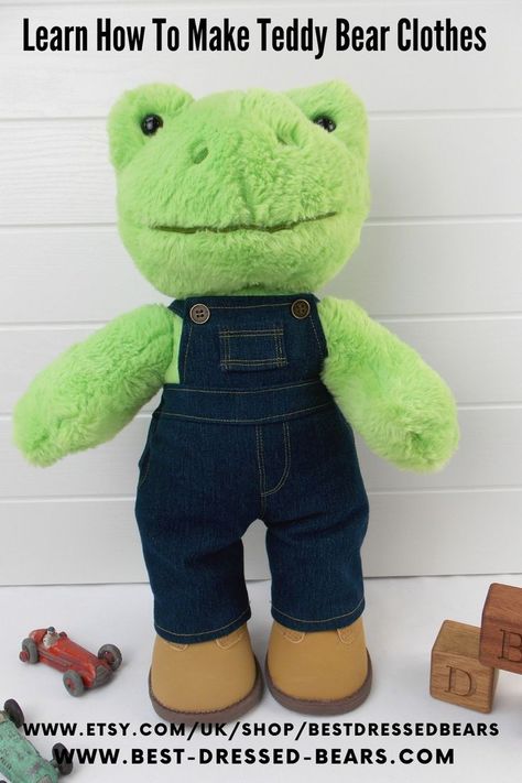 Build a bear frog wearing blue denim overalls and sand coloured boots Teddy Bear Overalls, Build A Bear Clothes Pattern, Build A Bear Teddy, Bear Overalls, Build A Bear Outfits, Bear Clothes, Teddy Bear Clothes, Memory Bear, Bear Outfits