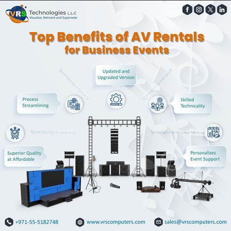 AV equipment rental allows businesses to deliver great and effective presentation without incurring the high cost of equipment purchase and maintenance. In addition, the audience offered the option of requesting assistance from experts and developing tailored strategies for the specific needs of the event. VRS Technologies LLC offers high-quality AV rentals Dubai and AV rental equipment due to the improvement of the meeting industry and the development of modern technologies and professionals... Effective Presentation, Visual System, Computer Repair, Business Events, Dubai Uae, In Dubai, Dubai, Presentation, Benefits