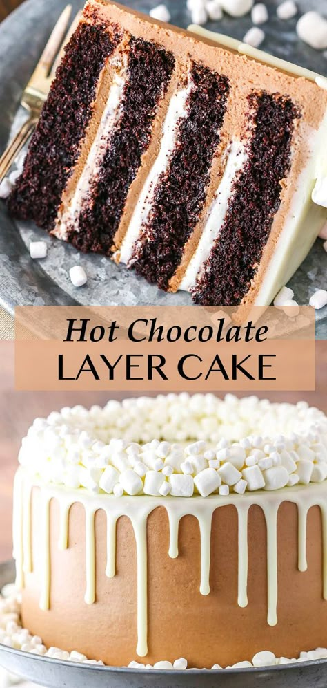 This Hot Chocolate Cake is a moist chocolate cake with hot chocolate buttercream frosting and marshmallow filling! The combination is wonderfully decadent and addicting! Mocha Flavored Cake, December Cake Flavors, Hot Cocoa Buttercream Frosting, Hot Chocolate Frosting Recipe, Marshmallow Chocolate Cake, Peppermint Hot Chocolate Cake, Chocolate And Vanilla Layer Cake, Chocolate Cake Batter Recipes, Layered Cake Flavor Ideas