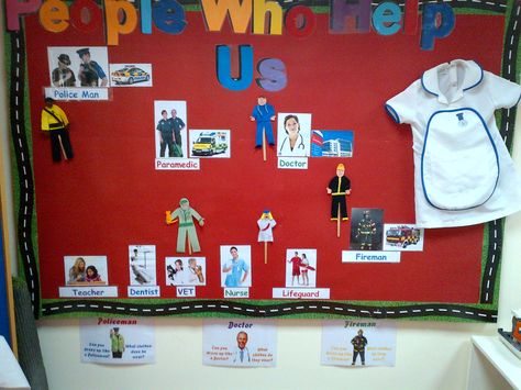 FS - People Who Help Us board - with stick puppets attached with velcro, when the children start they will make thier own for the role play area. Role Play Areas, People Who Help Us, Community Helpers, Classroom Displays, Activity Ideas, Display Board, Nursery Inspiration, Paramedic, Work Ideas