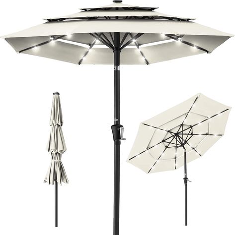 Best Choice Products 10ft 3-Tier Solar Patio Umbrella, Outdoor Market Sun Shade for Backyard, Deck, Poolside w/ 24 LED Lights, Tilt Adjustment, Easy Crank, 8 Ribs - Cream Shade For Backyard, Patio Furniture Umbrella, Umbrella Outdoor, Shade Umbrellas, Solar Powered Lights, Outdoor Market, 7 Hours, Indoor Patio Furniture, Market Umbrella