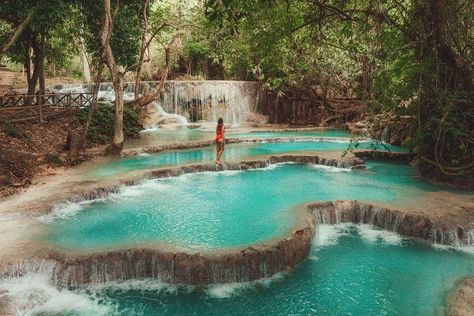 A Visitor’s Guide to Kuang Si Falls Kuang Si Falls, Vientiane Laos, Vientiane, Luang Prabang, Park Homes, Poses For Photos, Turquoise Color, Study Abroad, Asia Travel