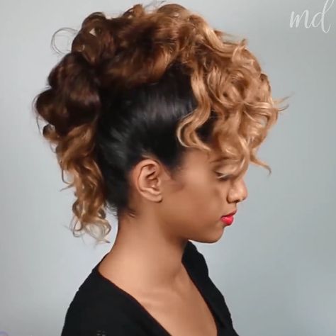 Faux Hawk Women Long Hair, Womens Faux Hawk Long Hair, Curly Hair Faux Hawk Women, Curly Hair Punk Styles, Faux Hawk Curly Hair, Diy Faux Hawk, Easy Faux Hawk Updo, Faux Hawk Long Hair, Fake Mohawk Hairstyles For Women