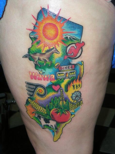 How great is this all things we love about New Jersey tattoo by the talented Brendan?! Nj Tattoo, New Jersey Tattoo Ideas, Nj Tattoo Ideas, New Jersey Stamp Tattoo, New Jersey Wall Posters, New Jersey Tattoo, New Jersey Map Illustration, Map Of New Jersey, Inner Arm Tattoo