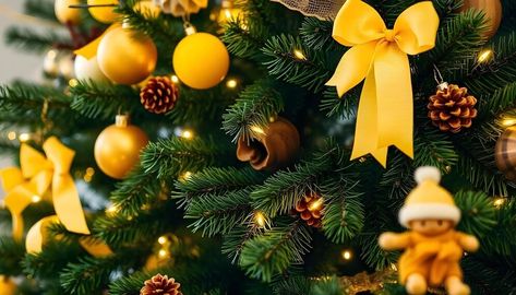 A christmas tree with a yellow ribbon and a yellow bow | Premium AI-generated image Yellow Christmas Aesthetic, Yellow Christmas Tree, Noel Decor, Christmas Yellow, Theme Pics, Christmas Aesthetics, Yellow Christmas, Yellow Bow, Christmas Tree Decorations Diy