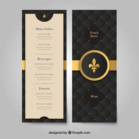 Golden menu template with classic style ... | Premium Vector #Freepik #vector #gold-menu #luxury-menu #classic-menu #dinner-menu Classic Menu Design, Modern Menu Design, Menu Cover Design, Logo Foto, Menu Card Design, Visuell Identitet, Hang Tag Design, Menu Designs, Food Menu Design