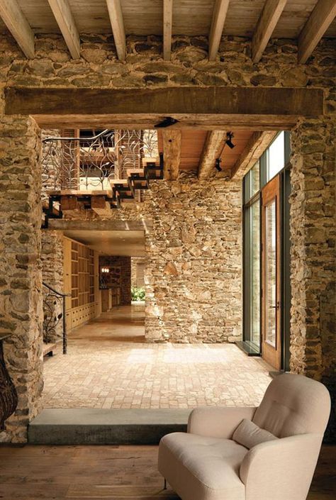 Brick And Stone Wall Ideas For A House's Interiors 26 Stone Walls Interior, Open Staircase, Foyer Decorating, Stone Walls, Stone Cottage, Entry Hall, Brick And Stone, Stone Houses, Stone House