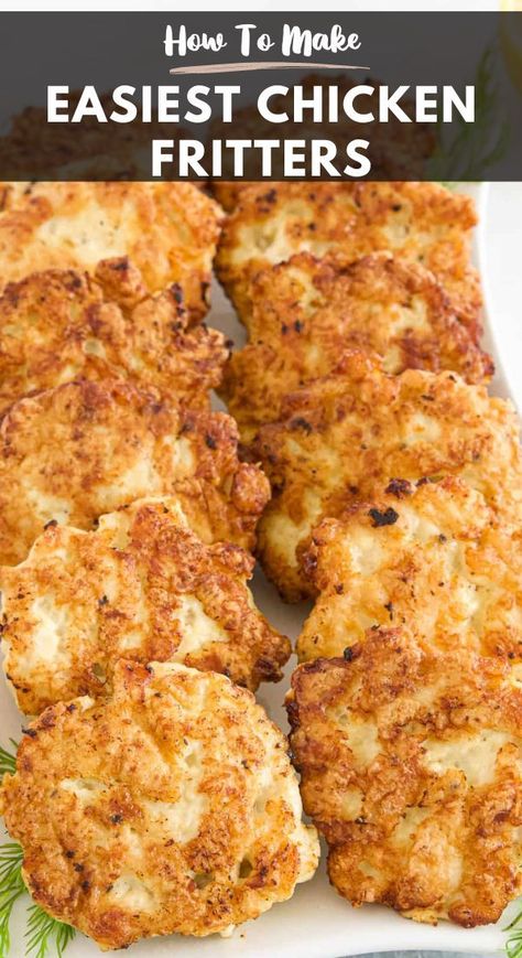 These Chicken Fritters are quick and easy to make and are crispy on the outside, and soft, juicy, and tender on the inside with a hint of garlic! Chicken Fritters Recipe, Chicken Patty Recipes, Chicken Fritters, Cooked Chicken Recipes, Fritters Recipe, Classic Appetizers, Chicken Patties, Diet Breakfast Recipes, Fritter Recipes