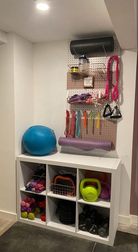 I ordered the shelves and baskets from Walmart - the peg board from Home Depot Basement Gym Organization, At Home Gym Organization, Home Gym And Den Combo, Garage Game Room Ideas Diy, Fitness Storage Ideas, Garage Peloton Set Up, Purple Home Gym Workout Rooms, Small Gym Area In Basement, Ikea Home Gym Hacks