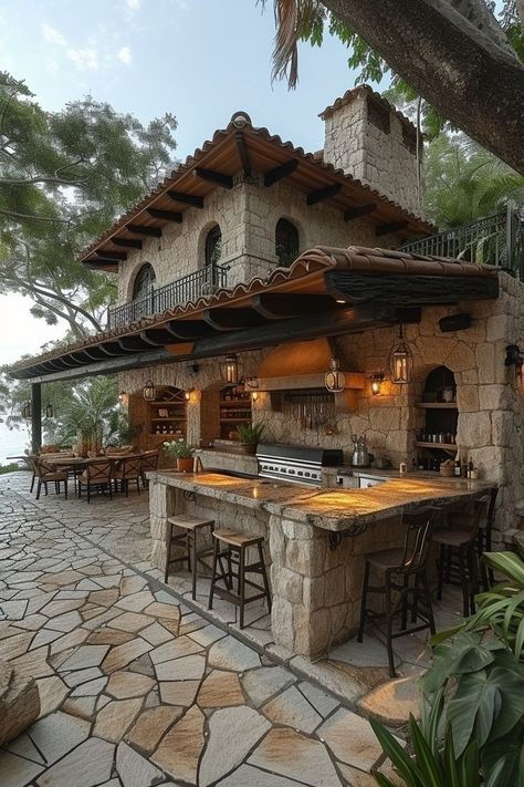 Tuscany Inspired Kitchen, Outdoor Mexican Kitchen, Tuscan Courtyard, Tuscany Kitchen, Hacienda Homes, Hacienda Style Homes, Mexico House, Backyard Pavilion, Backyard Kitchen