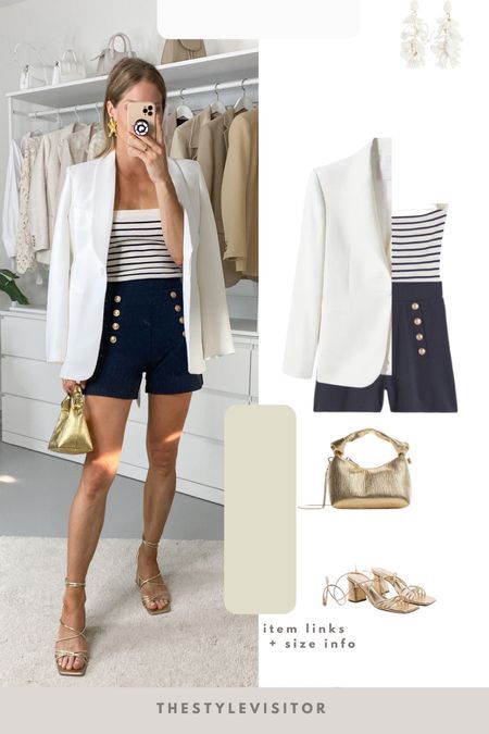 Navy Shorts Outfits Women, White Blazer Summer Outfit, Navy Blue Shorts Outfits Women, Chic Over 50 Fashion Summer, Navy Shorts Outfit, Chic Over 50 Fashion, Blue Shorts Outfit, Nautical Outfits, Blazer Outfits For Women