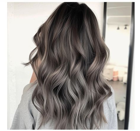 Gray Babylights On Brown Hair, Ombre Mushroom Brown Hair, Balayage Hair Cool Tone, Korean Balayage Hair, Brown To Silver Ombre, Smokey Grey Hair, Ash Brown Curly Hair, Greige Hair Color, Light Ashy Brown Hair