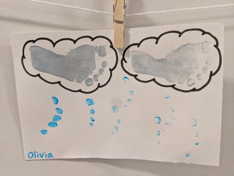 Welcome Spring Crafts For Toddlers, April Showers Lesson Plan, Rain Art For Infants, April Showers Footprint Art, April Art Projects For Toddlers, Weather Infant Art, April Showers Crafts For Toddlers, Spring Baby Art Projects, April Art For Toddlers