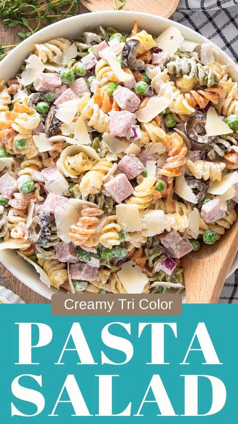 Tri-color pasta salad ranch dressing. Creamy Ranch Pasta, Color Pasta Salad, Salad With Creamy Dressing, Tri Color Pasta Salad, Unique Pasta Dishes, Summer Barbecue Food, Tri Color Pasta, Black Bean Salad Recipe, Fresh Ham