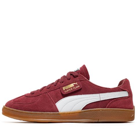 Suede upper Leather accents and lining PUMA branding on quarter Rubber gum midsole/outsole Extra laces included Color: Team Regal Red Style: 397514 03 Cazal Sunglasses, Downtown Outfits, Jordan 12 Retro, Shoe Inspo, Puma Sneakers, Red Sneakers, Red Style, Leather Accents, Newest Jordans