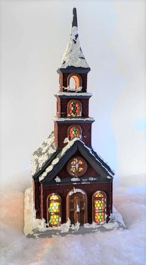 I painted this church and added the stained glass decor at a local ceramic shop. I add it to my Christmas village each year. Homemade Gingerbread House, Gingerbread House Designs, Gingerbread Village, Stained Glass Church, Gingerbread House Decorations, Christmas Church, Beautiful Christmas Decorations, Stained Glass Decor, Christmas Kitchen Decor