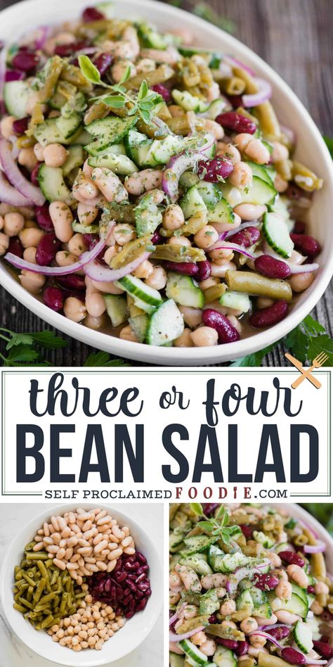 Three Bean Salad is good, but four bean salad is even better! This flavorful, cold, protein, fiber filled vegetarian salad recipe is perfect for potlucks! Three Bean Salad Recipe, Four Bean Salad, Homemade Macaroni Salad, Healthy Dressing, Beet Salad Recipes, Vegetarian Salad, Three Bean Salad, Cheeseburger Sliders, Vegetarian Salad Recipes