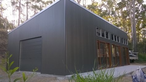 Shed Glass Doors, Skillion Roof Shed, Wall Sheets, Skillion Roof, Tin Shed, Corrugated Tin, Steel Cladding, Modern Shed, Steel Sheds