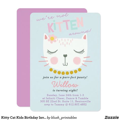 Birthday Card Invitation, Cat Birthday Party Invitations, Cat Birthday Invitations, Kids Birthday Invitation, Kitten Birthday, Colorful Invitations, Cat Birthday Party, Cat Kids, Party Invitations Kids