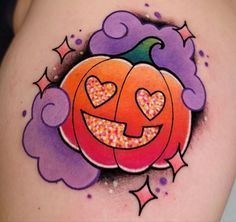 Cute Arm Cover Up Tattoos For Women, Halloween Glitter Tattoo, Pastel Halloween Tattoo, Colorful Halloween Tattoos, Kawaii Halloween Tattoo, Halloween Candy Tattoo, Tattoo Filler Ideas For Women, Cute Pumpkin Tattoo, Pumpkin Tattoo Ideas