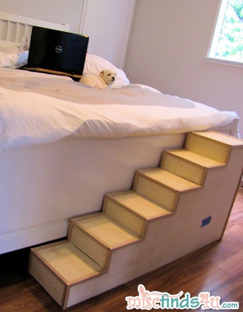 Puppy Stairs To Bed, How To Build Dog Stairs, Dog Stairs For Bed Diy How To Build, Diy Pet Stairs, Dog Steps For Bed, Pet Ramp, Dogs Stuff, Dog Stairs, Pet Stairs