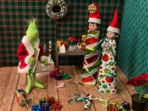 Grinch Day Elf On The Shelf, Gingerbread Elf On The Shelf Ideas, Elf On The Shelf Wrapped Up, Elf On The Shelf Building Blocks, The Grinch Elf On The Shelf Ideas, Elf On The Shelf Grinch Ideas Elves, Elf On A Shelf Grinch Ideas, Elf On The Shelf With Two Elves, Elf Shelf Grinch