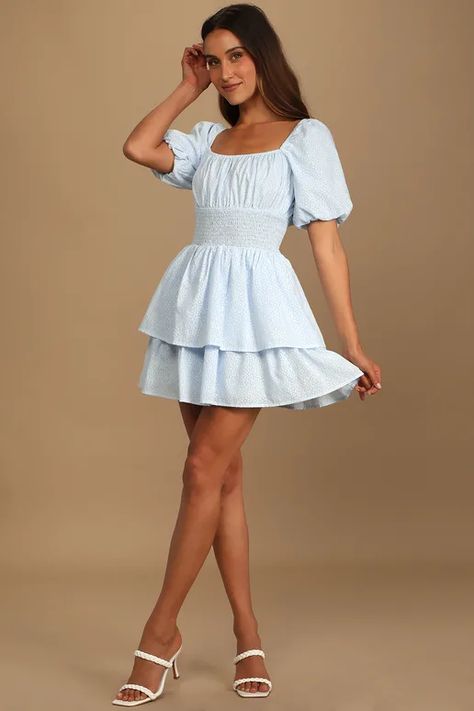 Short Light Blue Dress Casual, Short Puffed Sleeve Dress, Cute Flowy Dress, Blue And White Mini Dress, Light Blue Semi Formal Dresses, Coastal Granddaughter Dresses, Modest Hoco Dress, Light Blue Graduation Dress, Blue Puff Dress