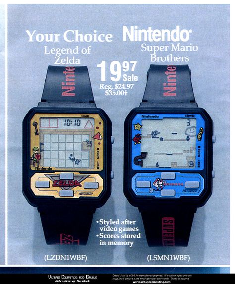 Nelsonic Nintendo Game Watches Zelda Watch Super Mario Bros. Watch Service Merchandise catalog advertisement - 1989 Atari Games, Gameboy Color, Vintage Video Games, Vintage Videos, Game & Watch, Star Fox, Retro Watches, Super Mario Brothers, Retro Videos