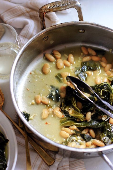 Collard greens and beans in white wine broth Collard Greens Soup White Beans, Braised White Beans With Greens And Parmesan, Braised White Beans And Greens Nyt, Earthy Mushroom And White Bean Stew, Vegan White Bean And Kale Soup, Cannellini Beans Recipes, Collard Greens Recipe, Collard Greens, Greens Recipe