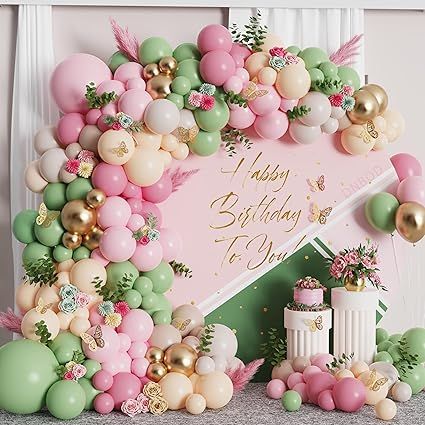 Amazon.com: Sage Green And Pink Balloon Arch Kit With Shiny Gold Butterfly Stickers,177Pcs Pastel Green Blush Gold Balloon Garland For Spring Tea Party Decoration Wedding Bridal Baby Shower Fairy Balloon Arch : Home & Kitchen Green And Pink Balloon Arch, Pink Balloon Arch, Butterflies Stickers, Sage Green And Pink, Butterfly Balloon, Event Backdrops, Gold Balloon Garland, Spring Tea Party, Butterfly Balloons