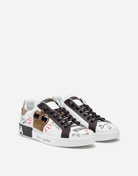 Men's Sneakers | Dolce&Gabbana - PORTOFINO SNEAKERS IN PRINTED NAPPA CALFSKIN WITH PATCH Expensive Sneakers, Crown Embroidery, Man Sneakers, Dolce Gabbana Sneakers, Nike Shoes Girls, Dolce Gabbana Shoes, Luxury Sneakers, Embroidery Patch, Dolce And Gabbana Man