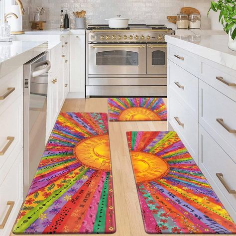 PRICES MAY VARY. 𝐏𝐫𝐞𝐦𝐢𝐮𝐦 𝐌𝐚𝐭𝐞𝐫𝐢𝐚𝐥: Our boho sun kitchen mats for floor are made of soft high-quality PVC material and great memory foam. It is environmentally friendly, durable and will not deform after long-term use. 𝐂𝐨𝐦𝐟𝐨𝐫𝐭 & 𝐀𝐧𝐭𝐢 𝐅𝐚𝐭𝐢𝐠𝐮𝐞: Standing on the floor for a long time often causes foot pain and fatigue. Our kitchen rugs have 0.4 inch thick memory foam, providing enough softness and support, which helps to relieve foot pressure. 𝐍𝐨𝐧 𝐒𝐥𝐢𝐩 𝐖𝐚𝐭𝐞 Painted Rugs With Fabric Medium, Vibrant Kitchen Rug, Colorful Area Rugs Kitchen, Rugs For Kitchen Floors, Retro Rugs Kitchen, Colorful Rugs Overstock, Rugs For A Kitchen, Kitchen Rug Dining Table, Bright Rugs Kitchen