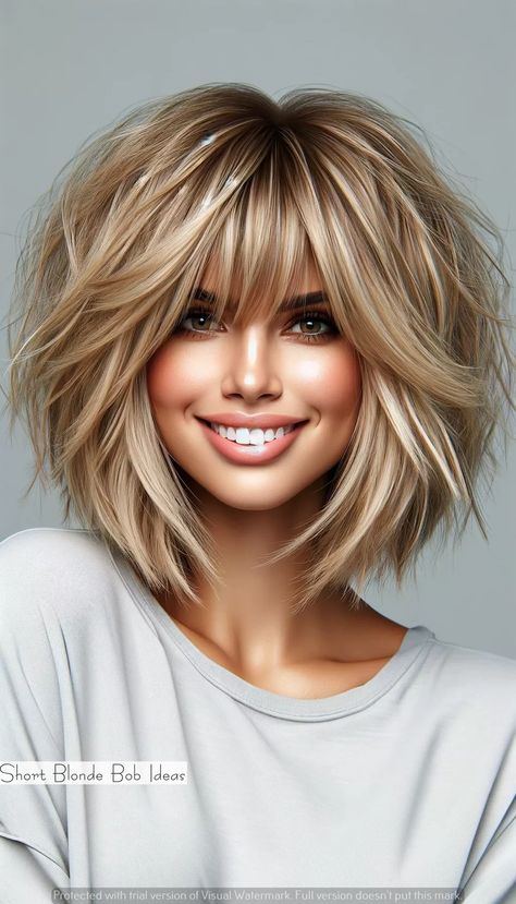 Short Blonde Bob Ideas | Short hair | Low taper fade haircut | Short Blonde hair | Shoulder length hair Subtly Layered Sandy Blonde Bob. Cut slightly shorter in the back for extra volume on the crown, this multi-tone  bob has only a few weight-removing layers to support the dimensional color scheme. Volume Layer Haircut Medium Length, Shoulder Length With Bangs Hairstyles, Piecey Bangs, Dimensional Hair, Shag Hair, Rocker Hair, Haircuts Blonde, Haircuts For Medium Length Hair, Taper Fade Haircut