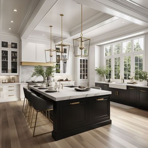 Thoughtful use of colors, textures, and materials elevates this kitchen to a regal and hospitable level Brushed Brass Kitchen, Modern Classic Kitchen, Foyer Dining Room, Grand Kitchen, Classic Kitchen Design, Kitchen Pendant, Hanging Pendant Light, Brass Kitchen, Geometric Chandelier