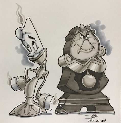 Cogsworth Tattoo, Animated Reference, Lumiere Disney, Belle And Adam, Beast Art, Beauty And The Beast Art, Grey Artwork, Belle And Beast, Disney Belle