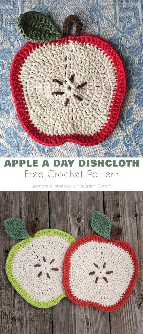 Apple A Day Dishcloth Crochet Apple Dishcloth Pattern, Crochet Apple Free Pattern, Crochet Fall Leaf, Crochet Examples, Easy Crochet Mittens, Crochet Acorn, Witch Hat Headband, Crochet Witch Hat, Crocheting Easy