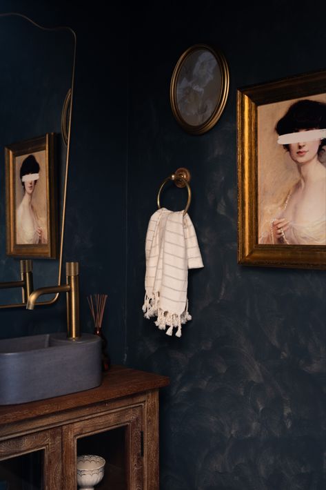 Check out my Dark & Moody Powder room makeover with a vintage upgraded vanity, and my dream concrete sink! Dark Moody Powder Room, Dark Powder Room Ideas, Dark Powder Room, Alexandra Gater, Thrifted Diy, Blue Powder Room, Moody Powder Room, Vintage Powder Room, Black Powder Room