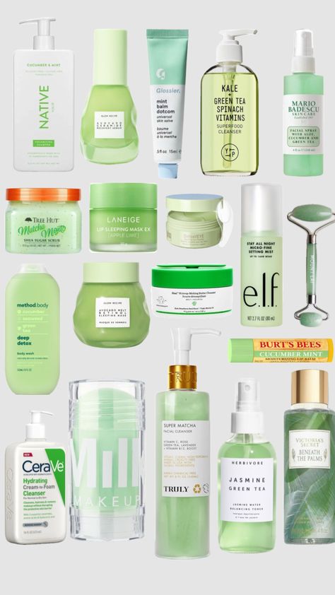 Skincare Green Aesthetic, Cucumber Products, Mint Skincare, Debut Makeup, Green Wishlist, Green Skin Care, Rainbow Skincare, Winter Basket, Cucumber Green Tea