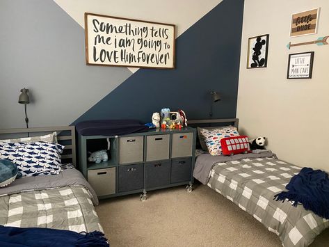 Boy Room Color Scheme, Twin Boys Room, Grey Boys Rooms, Boys Room Colors, Boys Bedroom Colors, Shared Boys Rooms, Blue Boys Bedroom, Boys Room Blue, Boy Room Paint