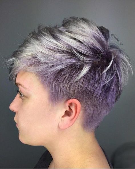 Pixie Cut Purple Balayage Dark Roots Light Ends, Balayage For Short Hair, Balayage Color Ideas, Haircut Female, Silver Purple Hair, Blonde Fade, Dimensional Balayage, Brown Ombre Hair Color, Best Ombre Hair