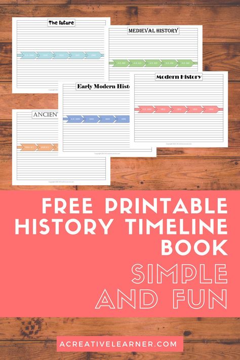 Here is a simple and FREE way to make your own History Timeline Book. It is separated into 5 sections that are based on the colors from The Story of the World. Ancient History, Medieval History, Early Modern History, and Modern History, as well as The Future (just for fun) are all a part of this Free PDF printable Timeline Book. Draw pictures, write in information from history, science, art, and so much more. This can be used from kindergarten to high school! Homeschool History Timeline, Personal Diary Writing Feelings, Ancient History Timeline, Notebook Pages, Homeschool Books, Homeschool Education, History Timeline, Homeschool History, History Education