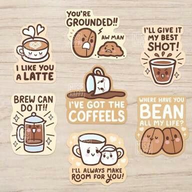 Stickers Coffee Design, Cute Coffee Stickers, Coffee Doodles, Kawaii Coffee, Coffee Puns, Coffee Doodle, Funny Food Puns, Single Stickers, Printed Stickers