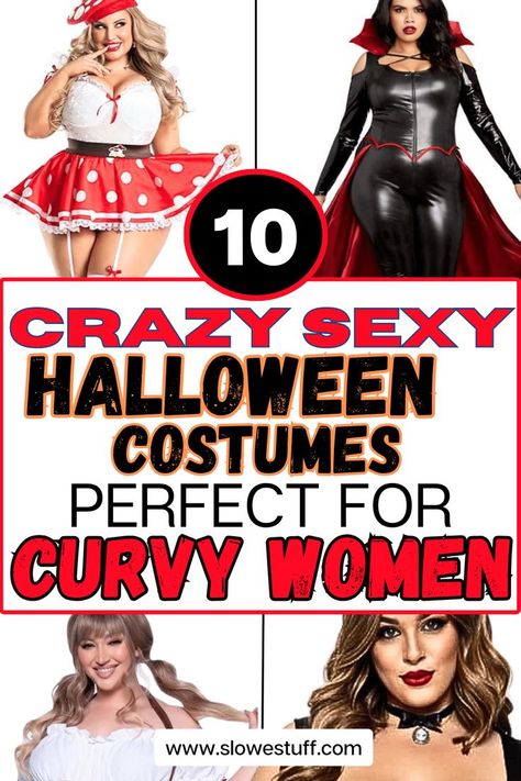 image of a woman dressed up for halloween with banner that reads 10 sexy halloween costume ideas for curvy women with website www.slowestuff.com listed Hot Plus Size Halloween Costumes, Halloween Costumes Curvy, Costumes Plus Size Women, Halloween Costumes Plus Size Women, Plus Size Costumes For Women, Plus Halloween Costumes, Costumes Plus Size, Halloween Costumes Plus Size, Halloween Aesthetics