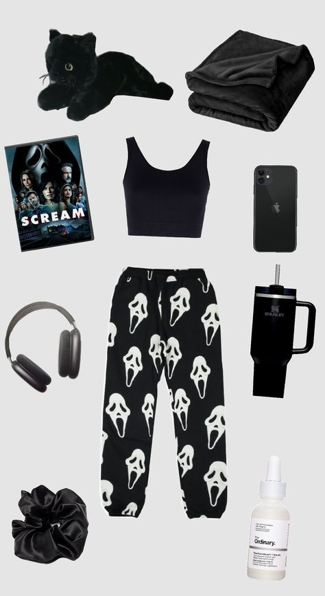 movie night #movie #scary #Halloween #holloween #black #pajamas #pj's #comfy #iPhone #airpodpromax #airpods #blanket #blackcat #pillows #movie Scream Pajamas, Cute Pajama Outfits For School, Pajama School Outfit, Horror Pajamas, Emo Girl Aesthetic Outfits, Comfy Movie Night Outfit, Pajama Outfits For School, Cute Pjs Aesthetic, Cute Pajama Outfits