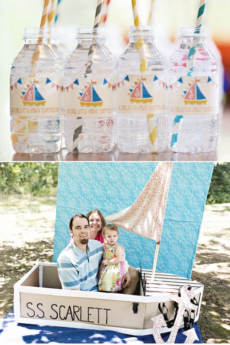 diy cardboard boat first birthday photo booth Cardboard Photo Booth, Boat Birthday Party, Boat Birthday, Nautical Birthday Party, Row Row Your Boat, Birthday Photo Booths, Nautical Birthday, Party Hostess, Nautical Party